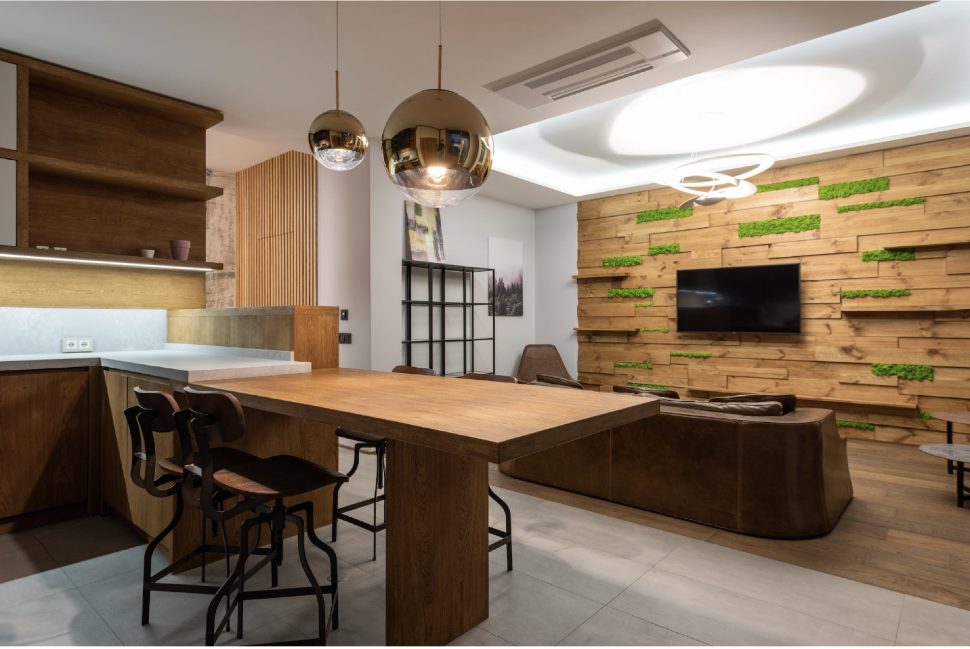 kitchen and living room with wooden paneling